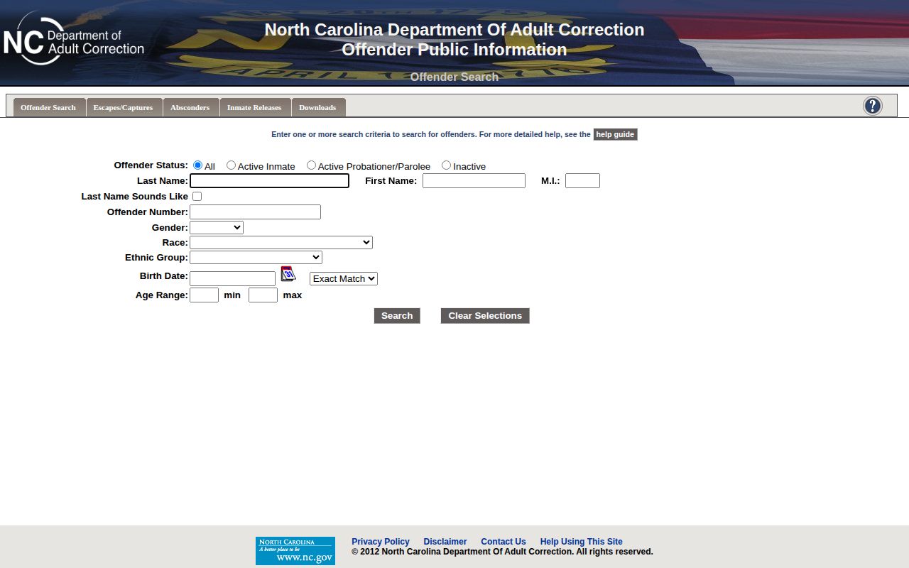North Carolina offender search interface for state custody records, not Wilson County jail mugshots